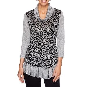 Ruby Rd. Fringe Leopard Print Cowl Neck Top PM